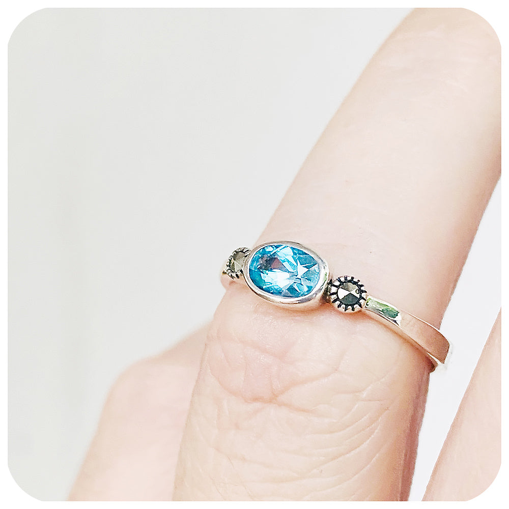Oval cut Swiss Blue Topaz and Marcasite Stack Ring in Sterling Silver