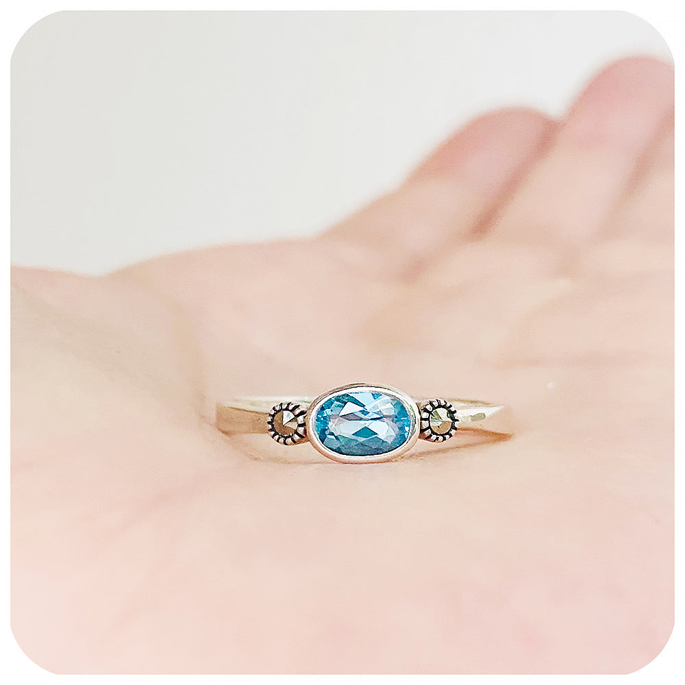 Oval cut Swiss Blue Topaz and Marcasite Stack Ring in Sterling Silver