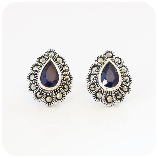 pear cut dark blue sapphire stud earrings with a vintage halo in sterling silver - Victoria's Jewellery