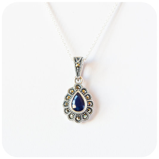 Pear Cut Blue Sapphire and Vintage Inspired Halo Necklace - Victoria's Jewellery