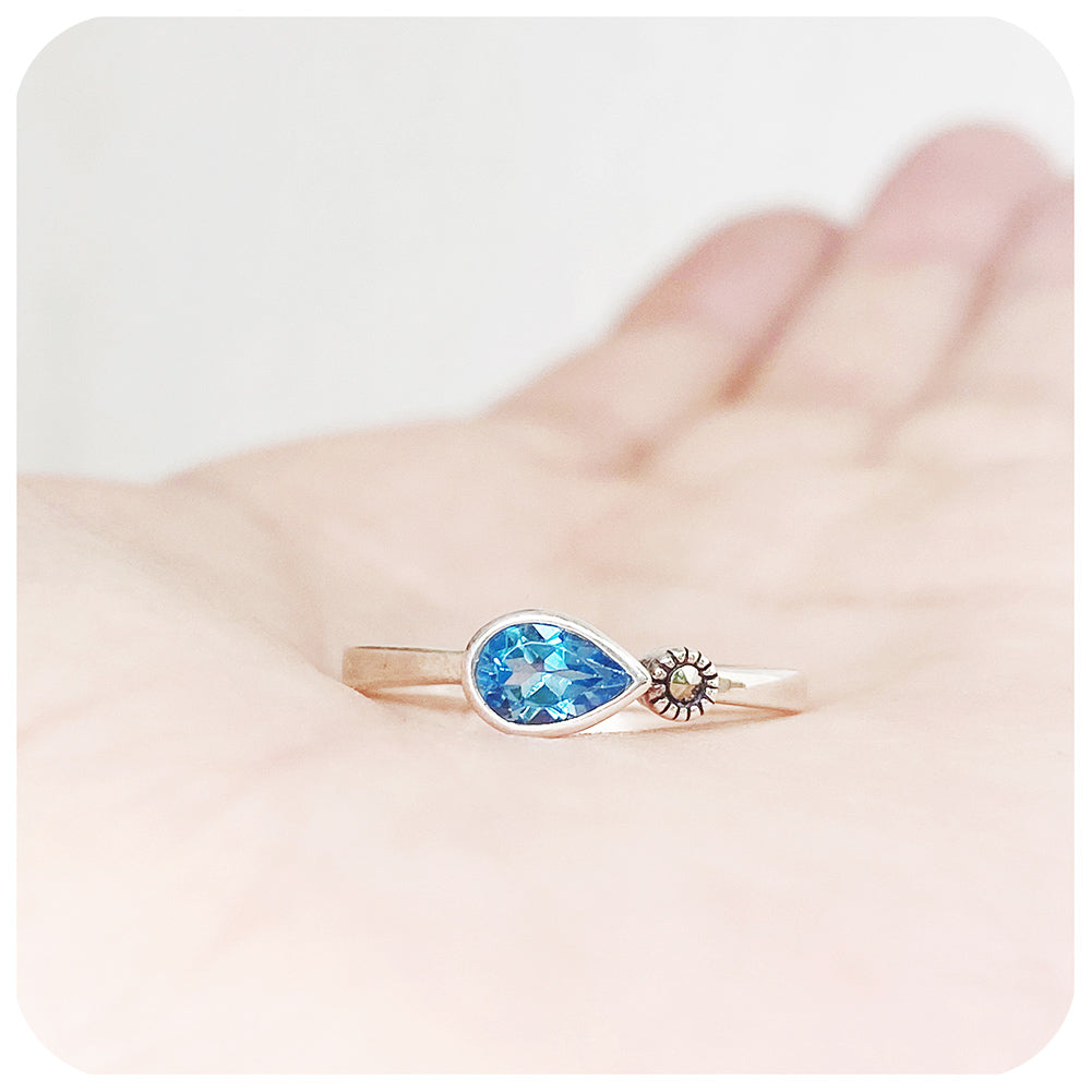 Pear cut Swiss Blue Topaz and Marcasite Stack Ring in Sterling Silver