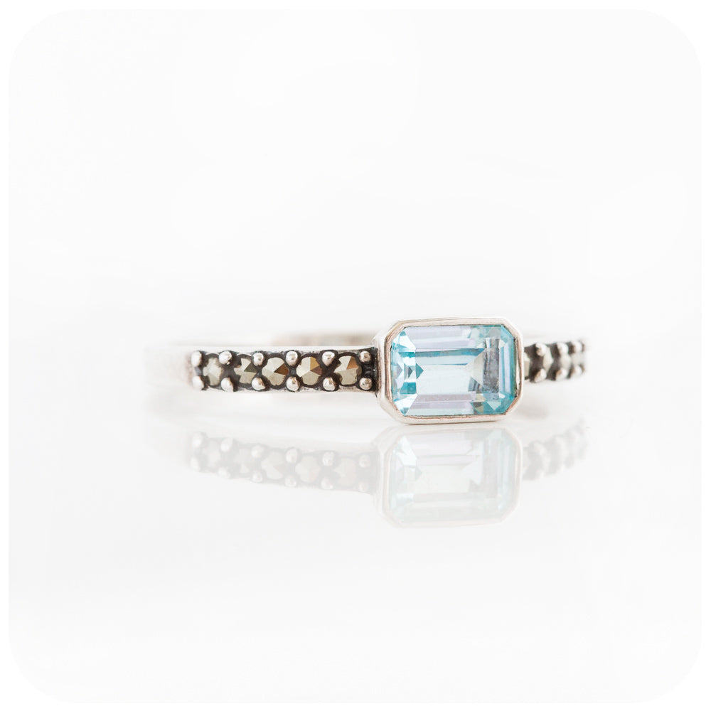 Rectangular Sky Blue Topaz and Marcasite Stack Ring in Sterling Silver