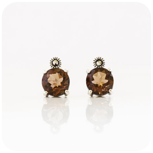 round cut brown smoky quartz stud earring in sterling silver