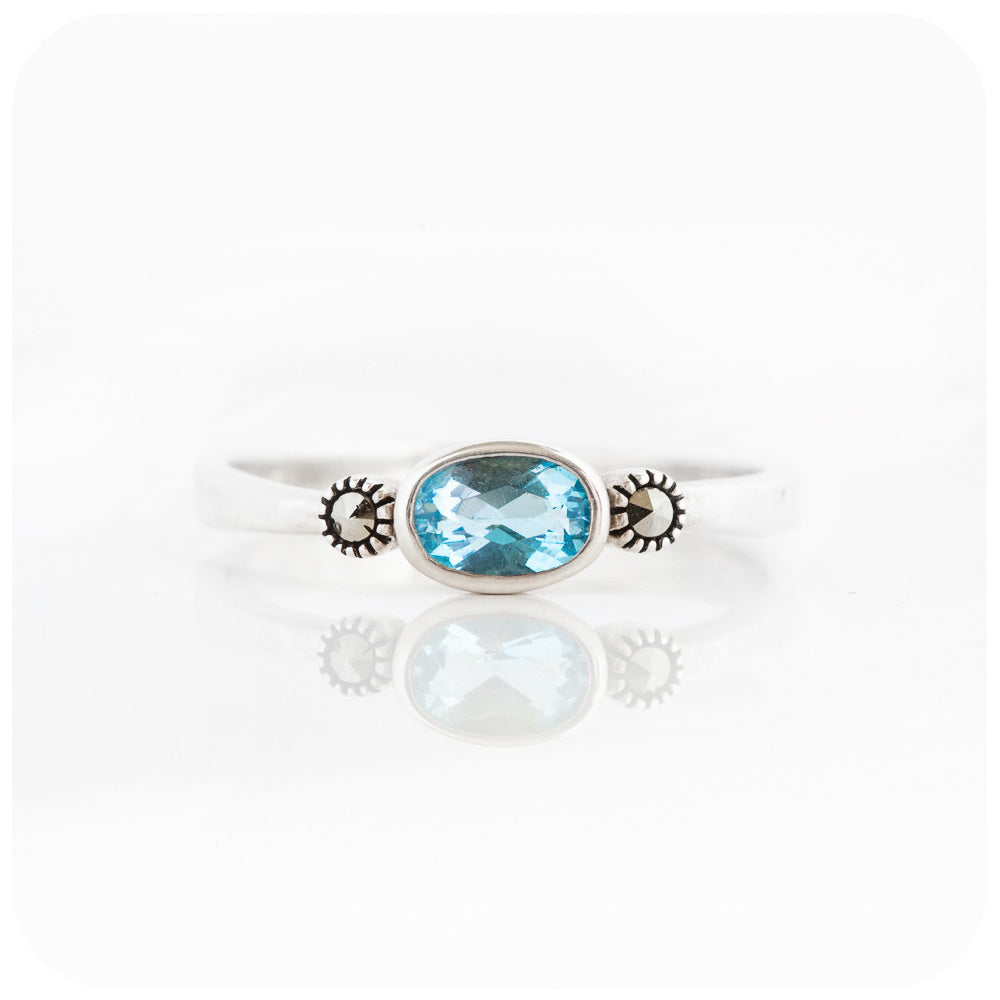 Oval cut Swiss Blue Topaz and Marcasite Stack Ring in Sterling Silver