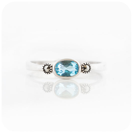 Oval cut Swiss Blue Topaz and Marcasite Stack Ring in Sterling Silver