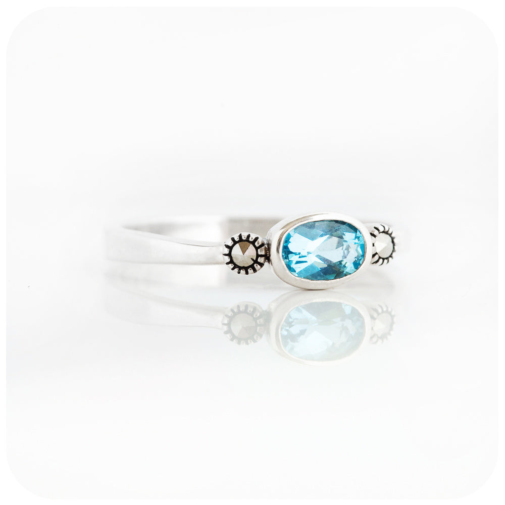 Oval cut Swiss Blue Topaz and Marcasite Stack Ring in Sterling Silver