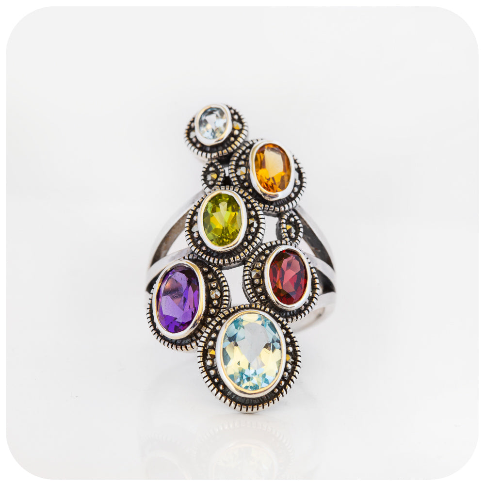 The Rainbow Multi-Colour Ring in Sterling Silver with Marcasite