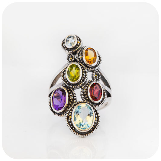 The Rainbow Multi-Colour Ring in Sterling Silver with Marcasite
