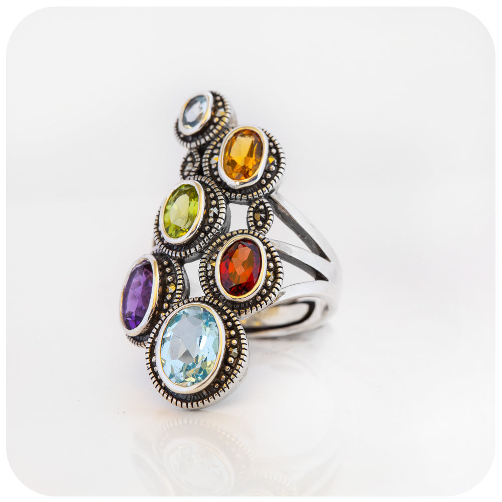 The Rainbow Multi-Colour Ring in Sterling Silver with Marcasite