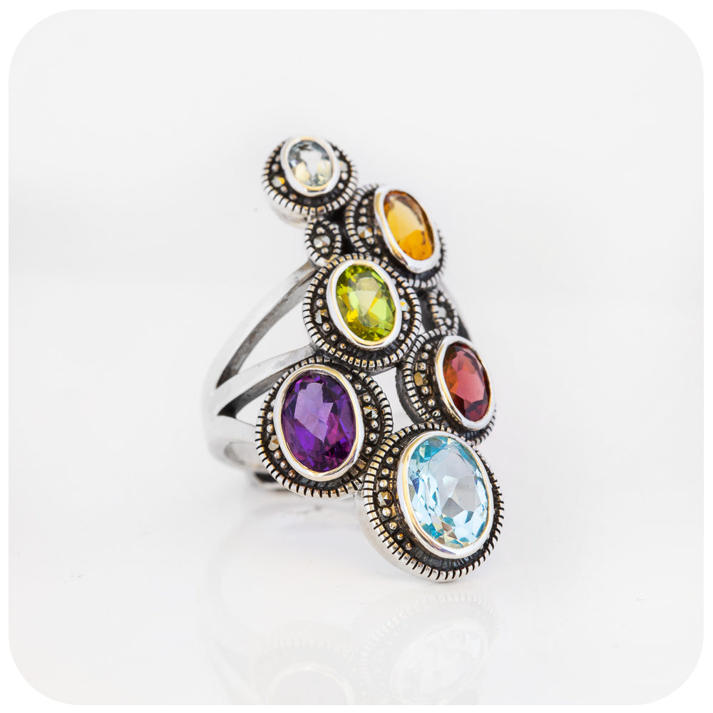 The Rainbow Multi-Colour Ring in Sterling Silver with Marcasite