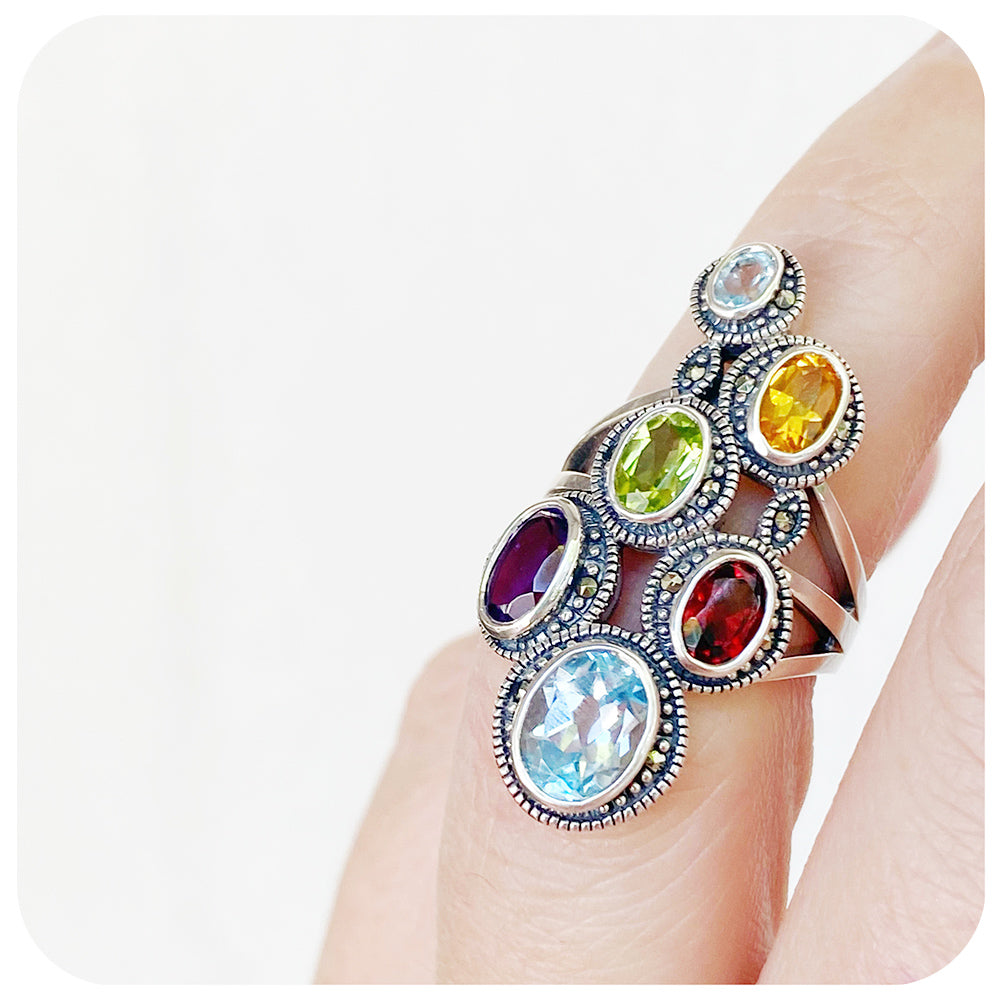 The Rainbow Multi-Colour Ring in Sterling Silver with Marcasite