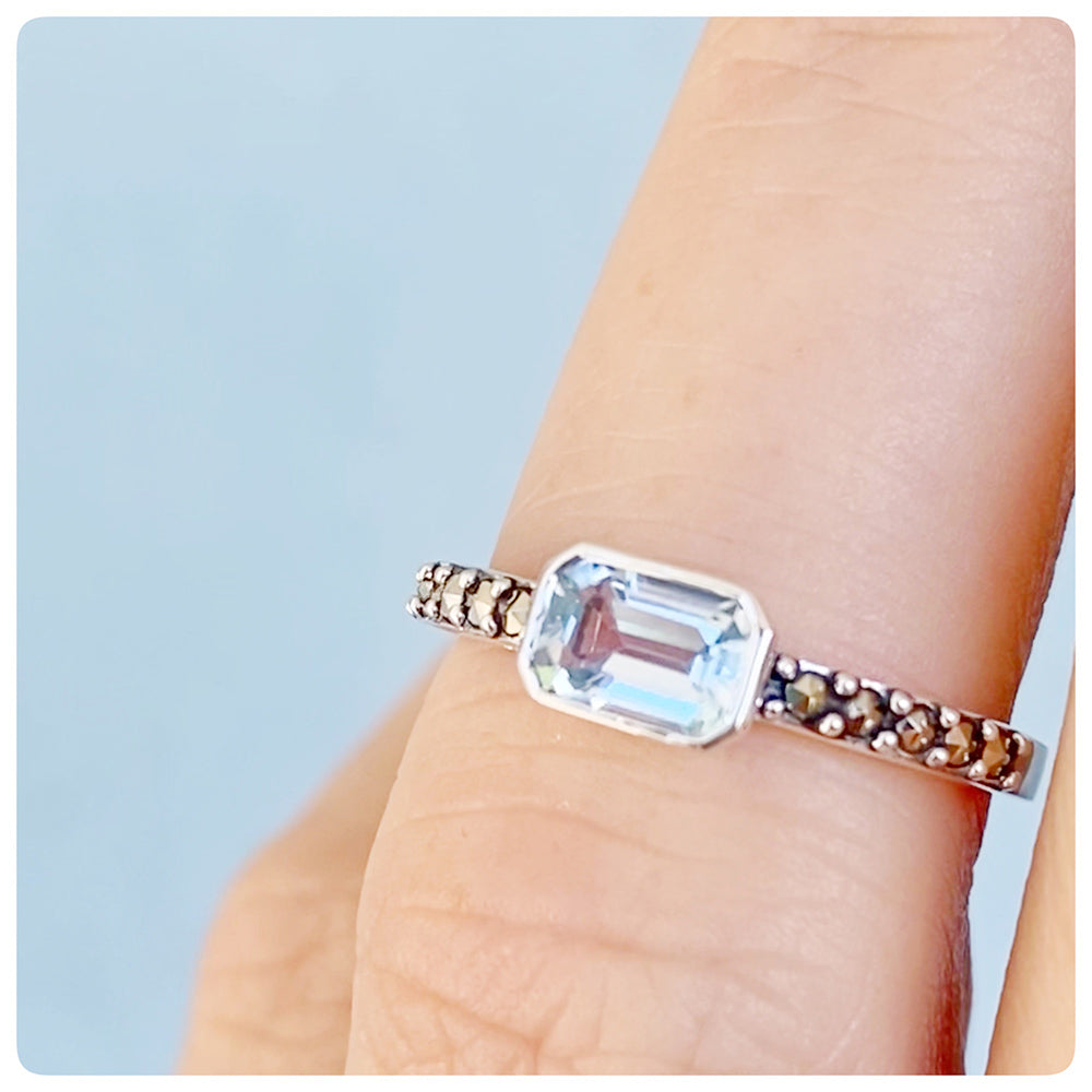 Rectangular Sky Blue Topaz and Marcasite Stack Ring in Sterling Silver
