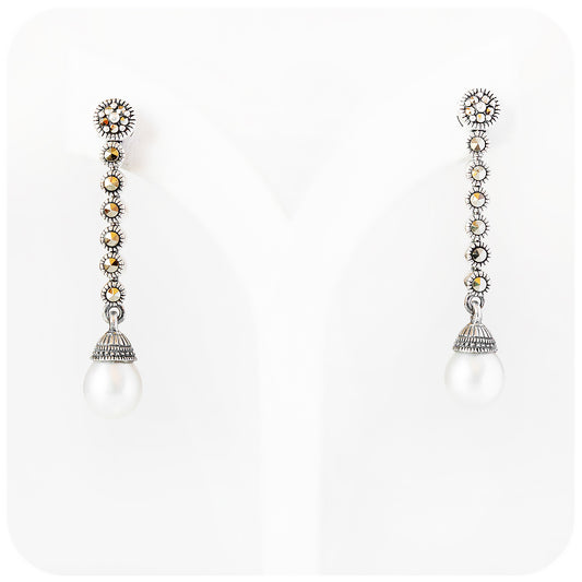 Exquisite Marcasite and Fresh Water Pearl Drop Earrings in Sterling Silver - Victoria's Jewellery