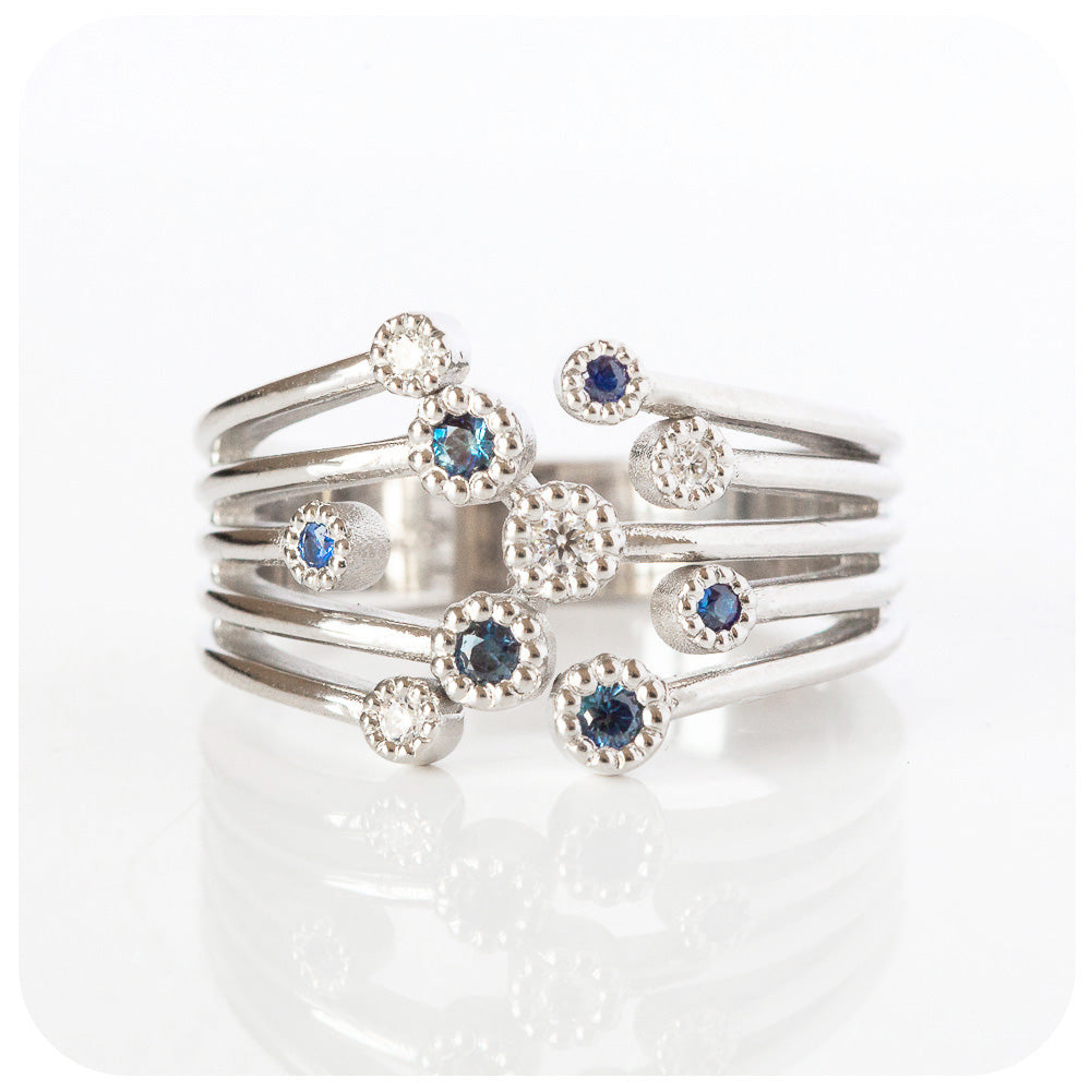 Blue Sapphire and Moissanite Cluster Ring - Victoria's Jewellery