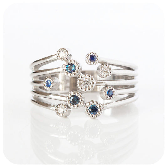 Blue Sapphire and Moissanite Cluster Ring - Victoria's Jewellery
