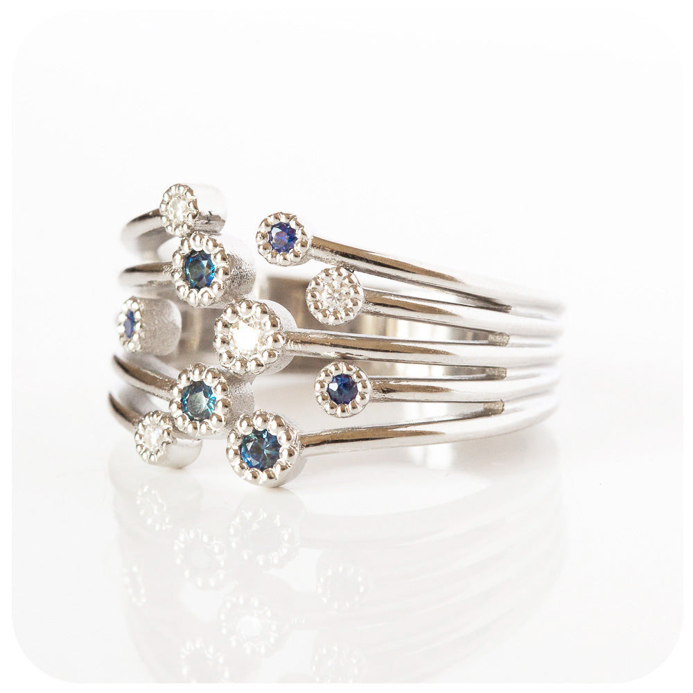 Blue Sapphire and Moissanite Cluster Ring - Victoria's Jewellery