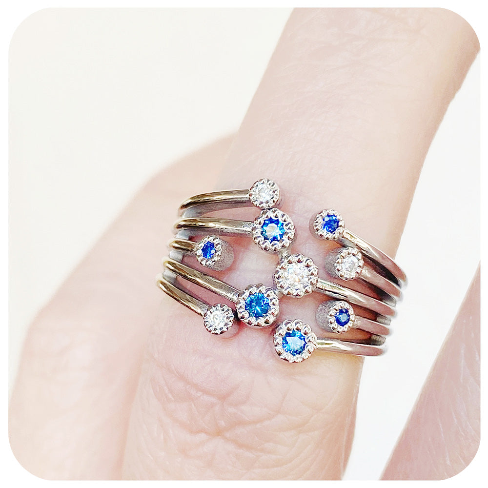 Blue Sapphire and Moissanite Cluster Ring - Victoria's Jewellery