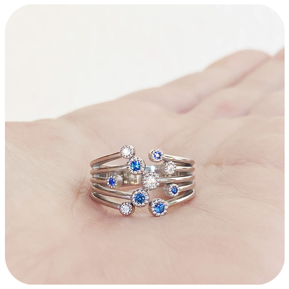 Blue Sapphire and Moissanite Cluster Ring - Victoria's Jewellery