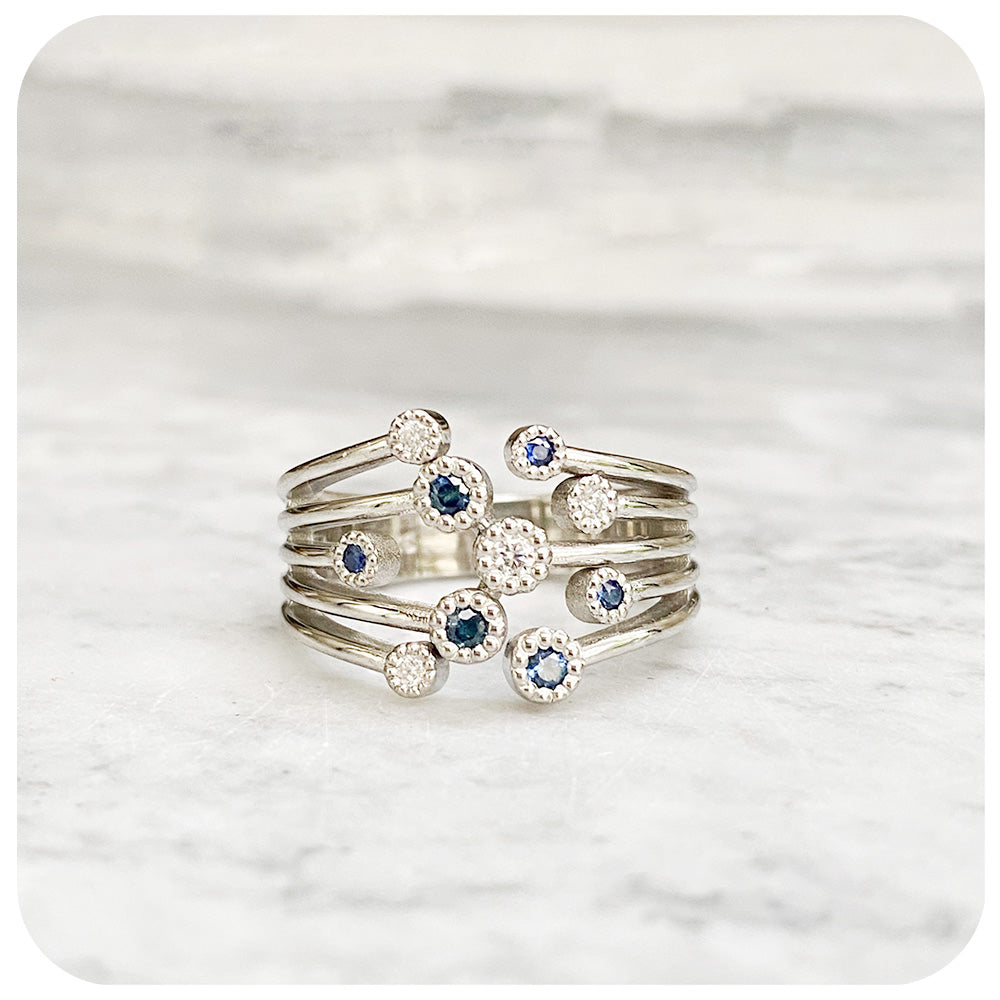 Blue Sapphire and Moissanite Cluster Ring - Victoria's Jewellery