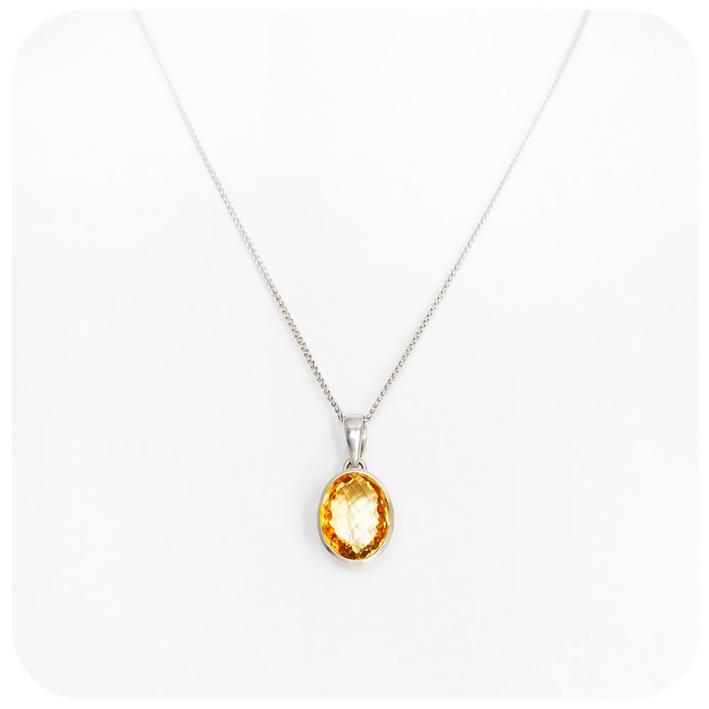 Honey Yellow Oval Citrine Pendant In Sterling Silver - 20x14mm - Victoria's Jewellery