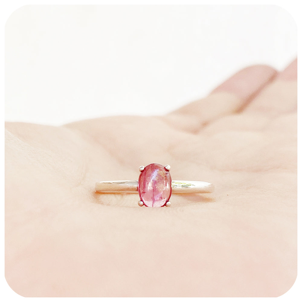 Oval Cabochon Pink Tourmaline Solitaire Ring in Sterling Silver