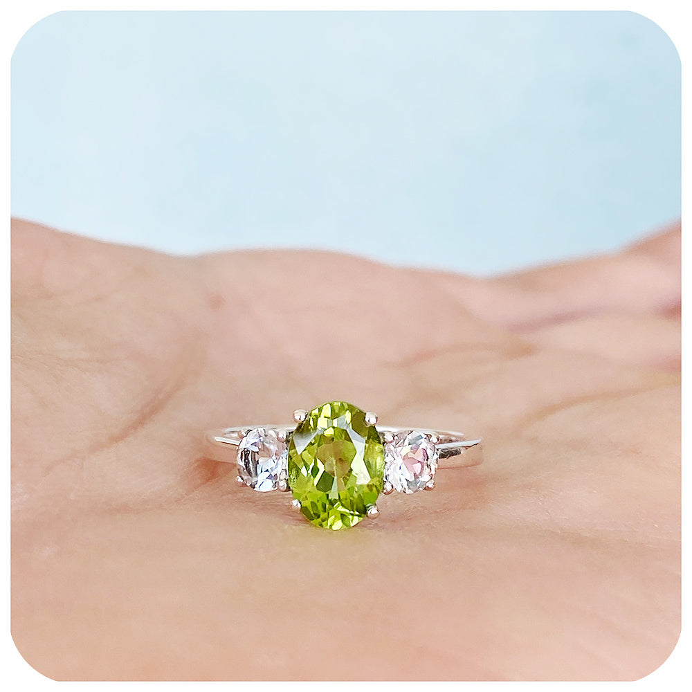 Peridot and Prasiolite Trilogy style Anniversary Ring - Victoria's Jewellery