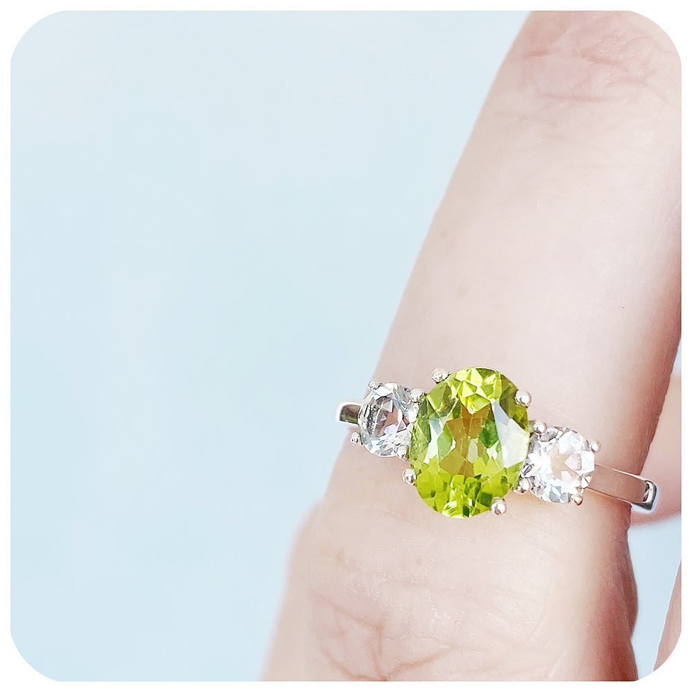 Peridot and Prasiolite Trilogy style Anniversary Ring - Victoria's Jewellery