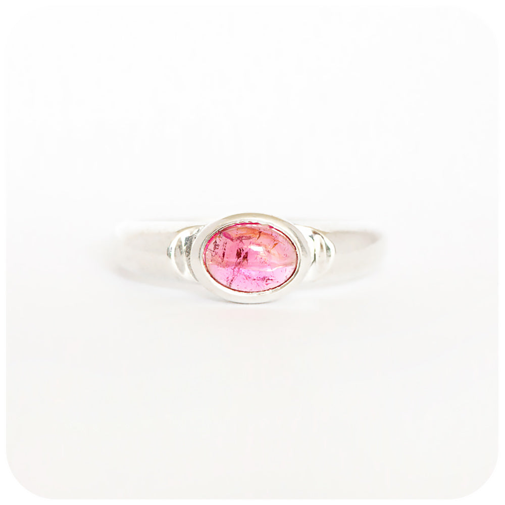 Oval Cabochon cut Pink Tourmaline Signet Style Ring - Victoria's Jewellery