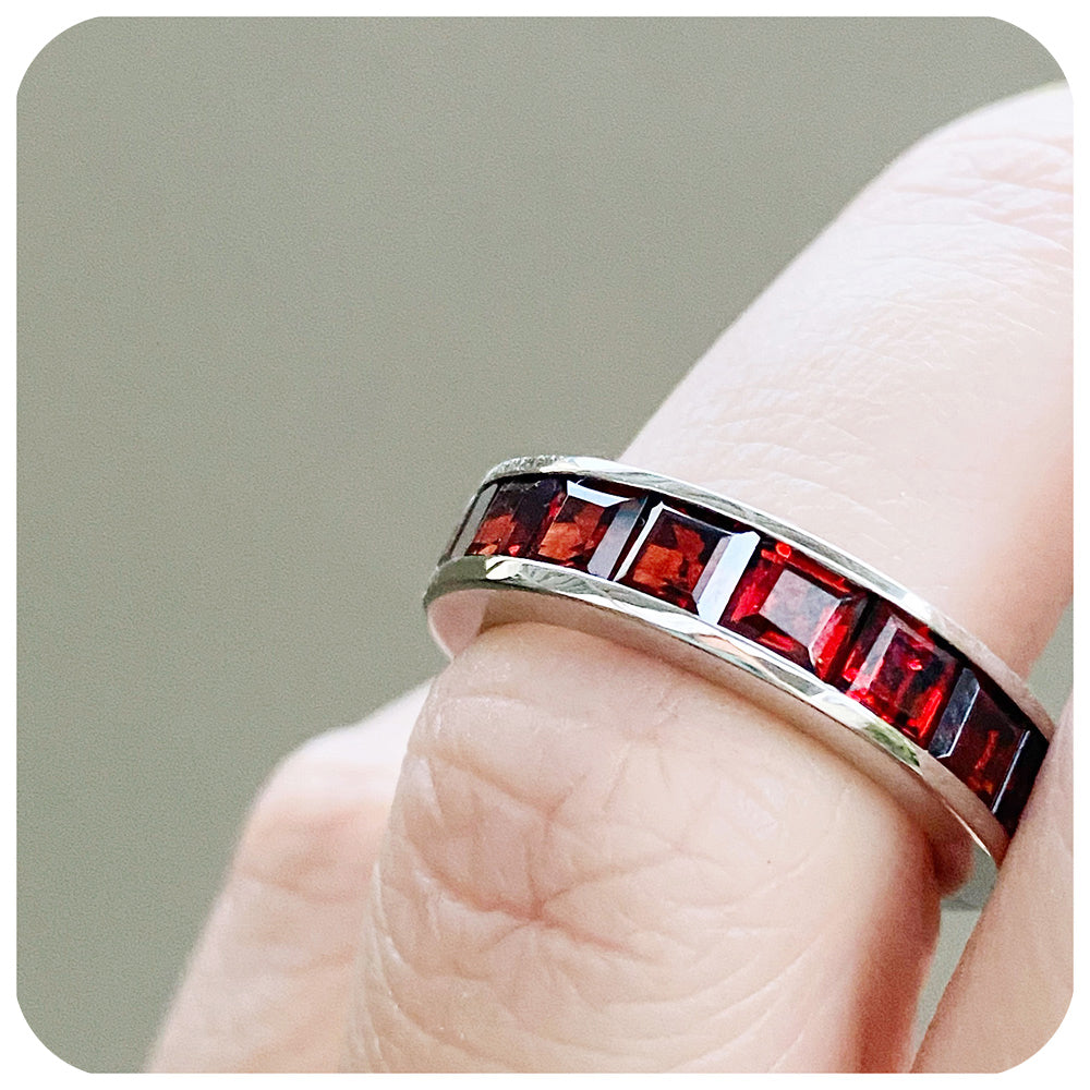 Princess cut Garnet Half Eternity Channel Ring