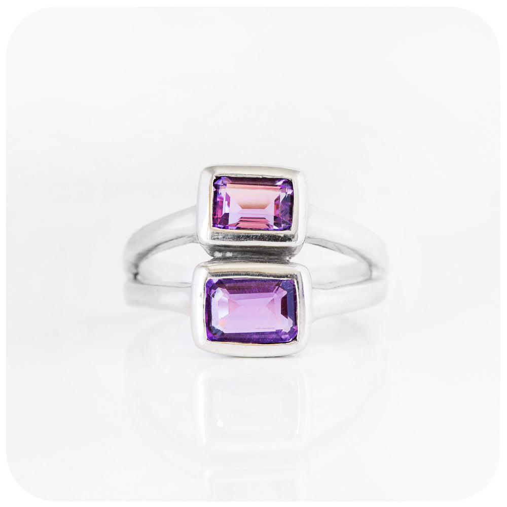 Double Emerald Cut Amethyst Ring in Sterling Silver - Victoria's Jewellery