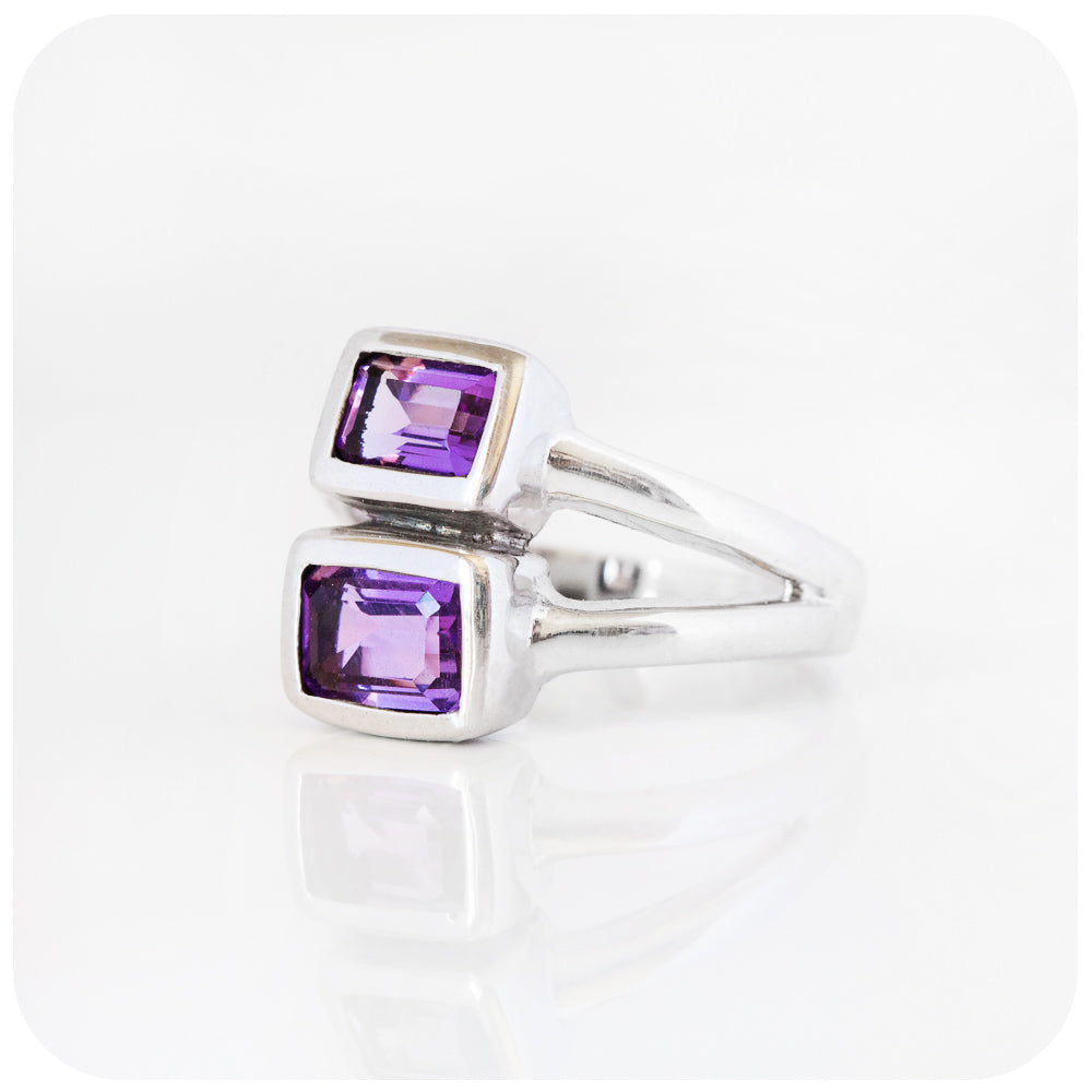 Double Emerald Cut Amethyst Ring in Sterling Silver - Victoria's Jewellery