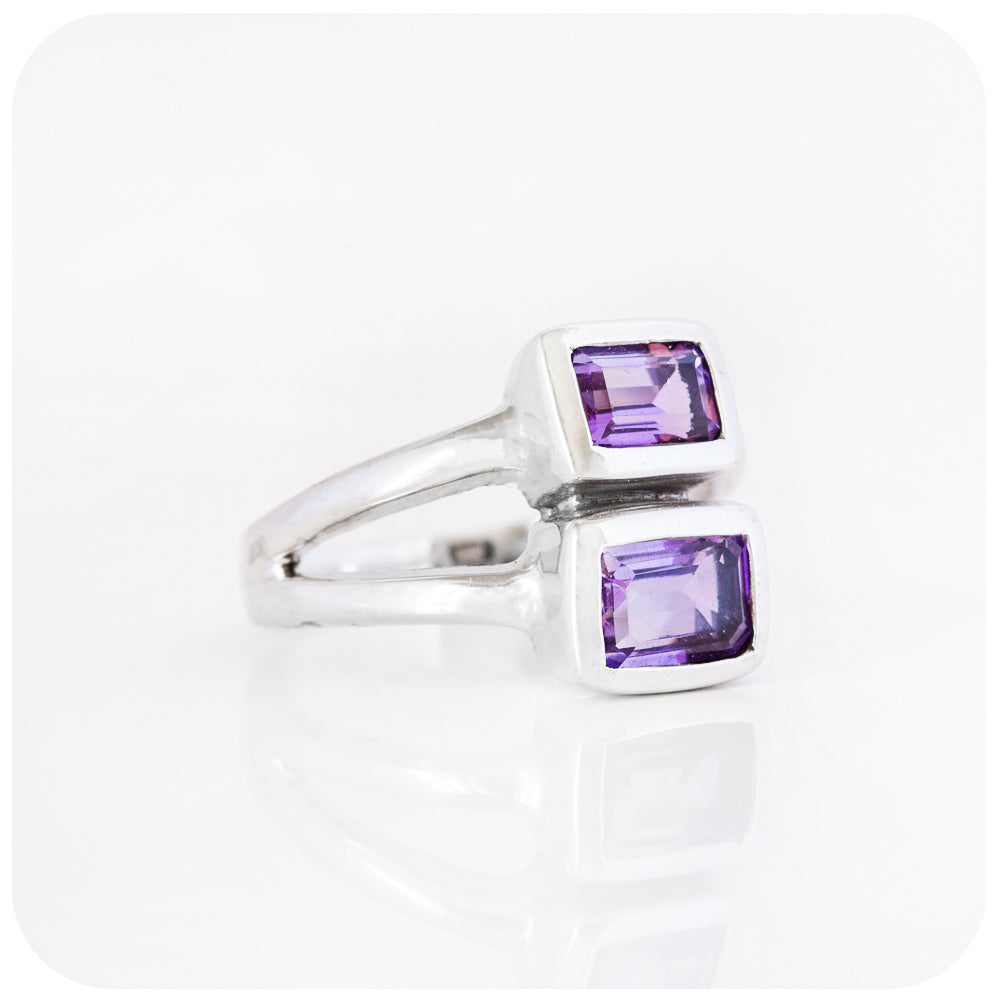 Double Emerald Cut Amethyst Ring in Sterling Silver - Victoria's Jewellery