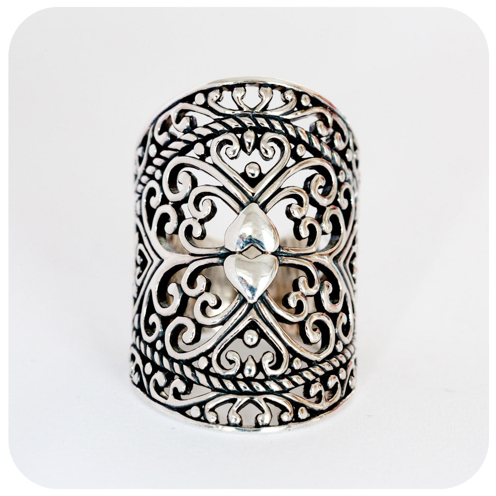Double Heart and Swirl Oxidised Ring in Sterling Silver