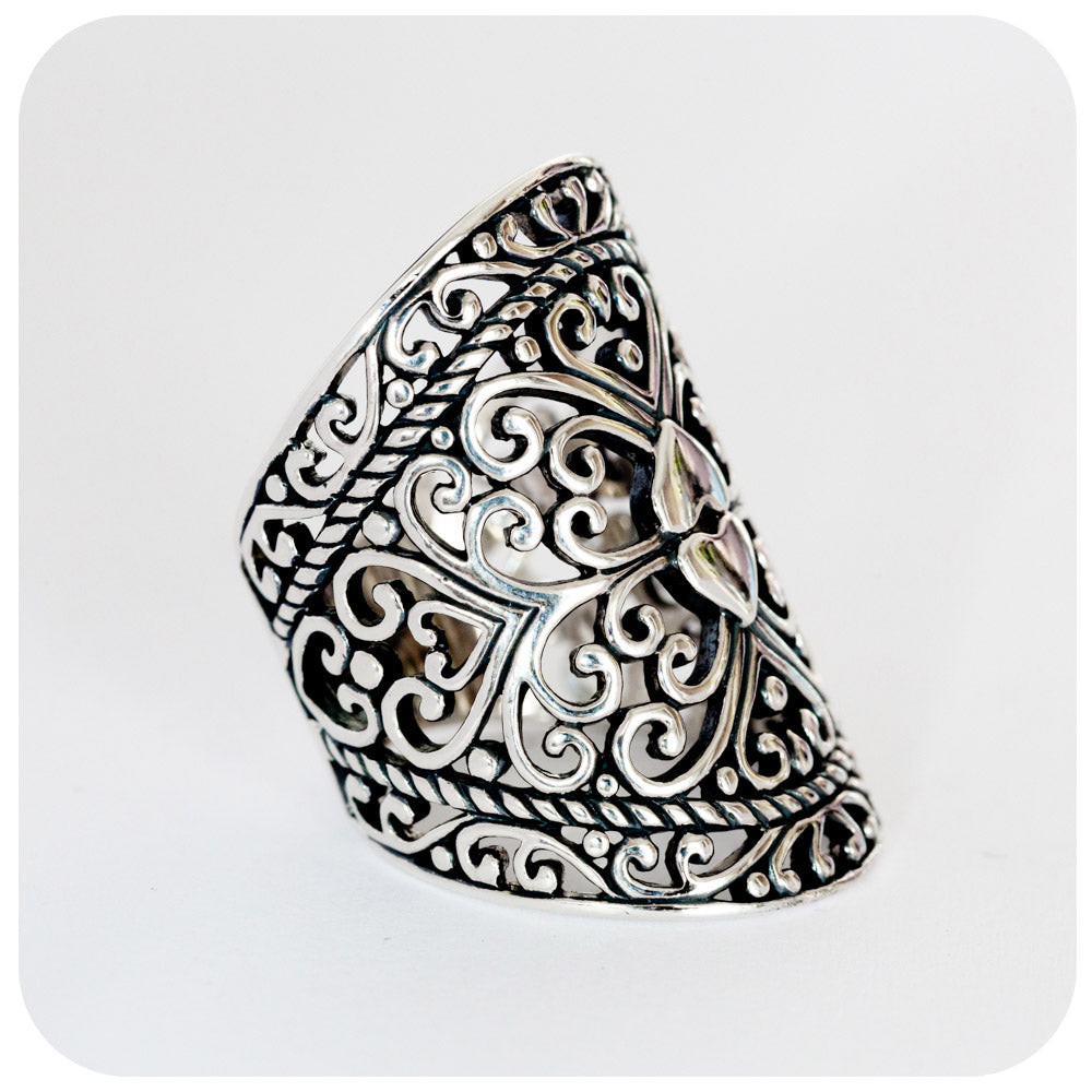 Double Heart and Swirl Oxidised Ring in Sterling Silver