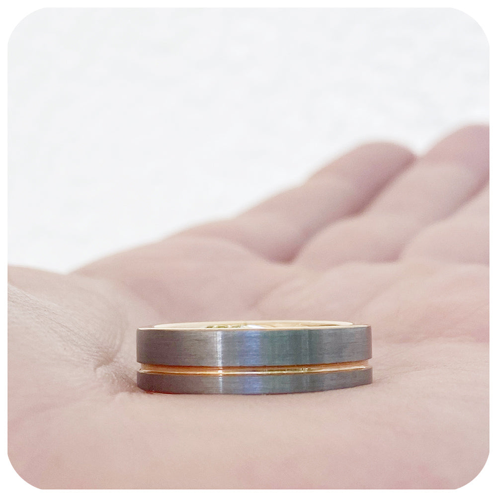 Brushed Silver and Rose Gold Groove Mens Tungsten Wedding Ring - Victoria's Jewellery