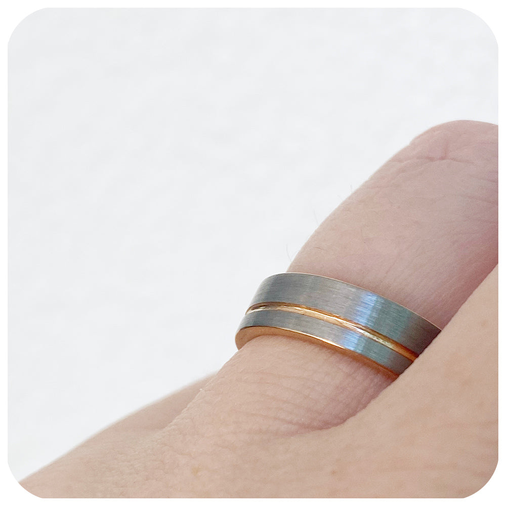 Brushed Silver and Rose Gold Groove Mens Tungsten Wedding Ring - Victoria's Jewellery