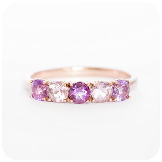 brilliant round cut pink and purple amethyst half eternity anniversary ring in rose gold