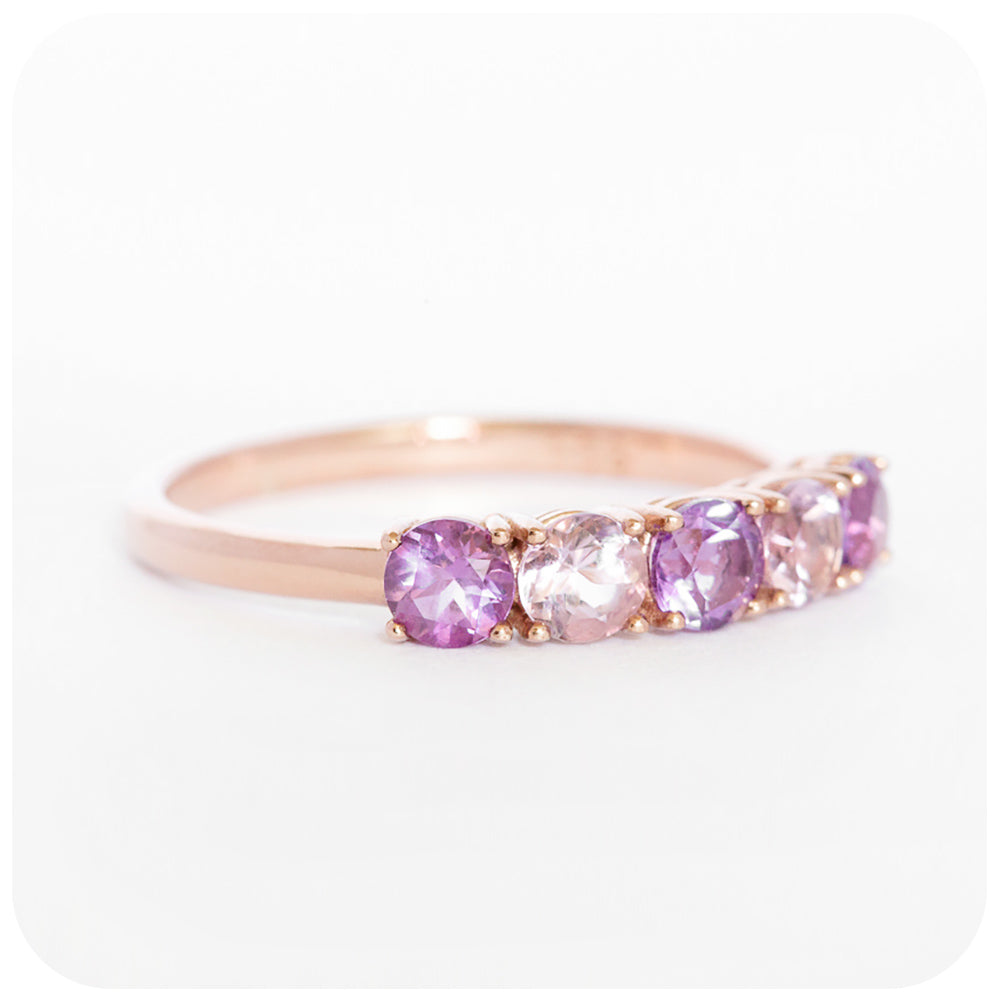 brilliant round cut pink and purple amethyst half eternity anniversary ring in rose gold