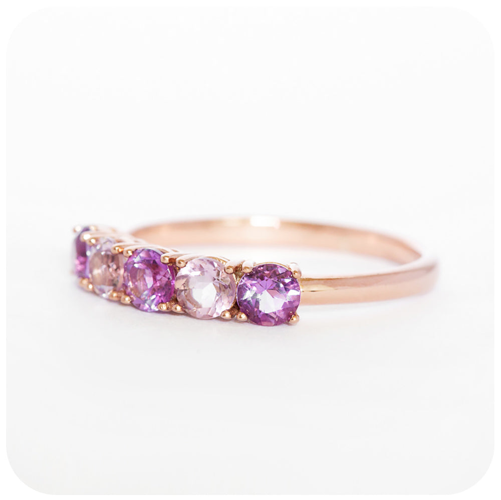 brilliant round cut pink and purple amethyst half eternity anniversary ring in rose gold
