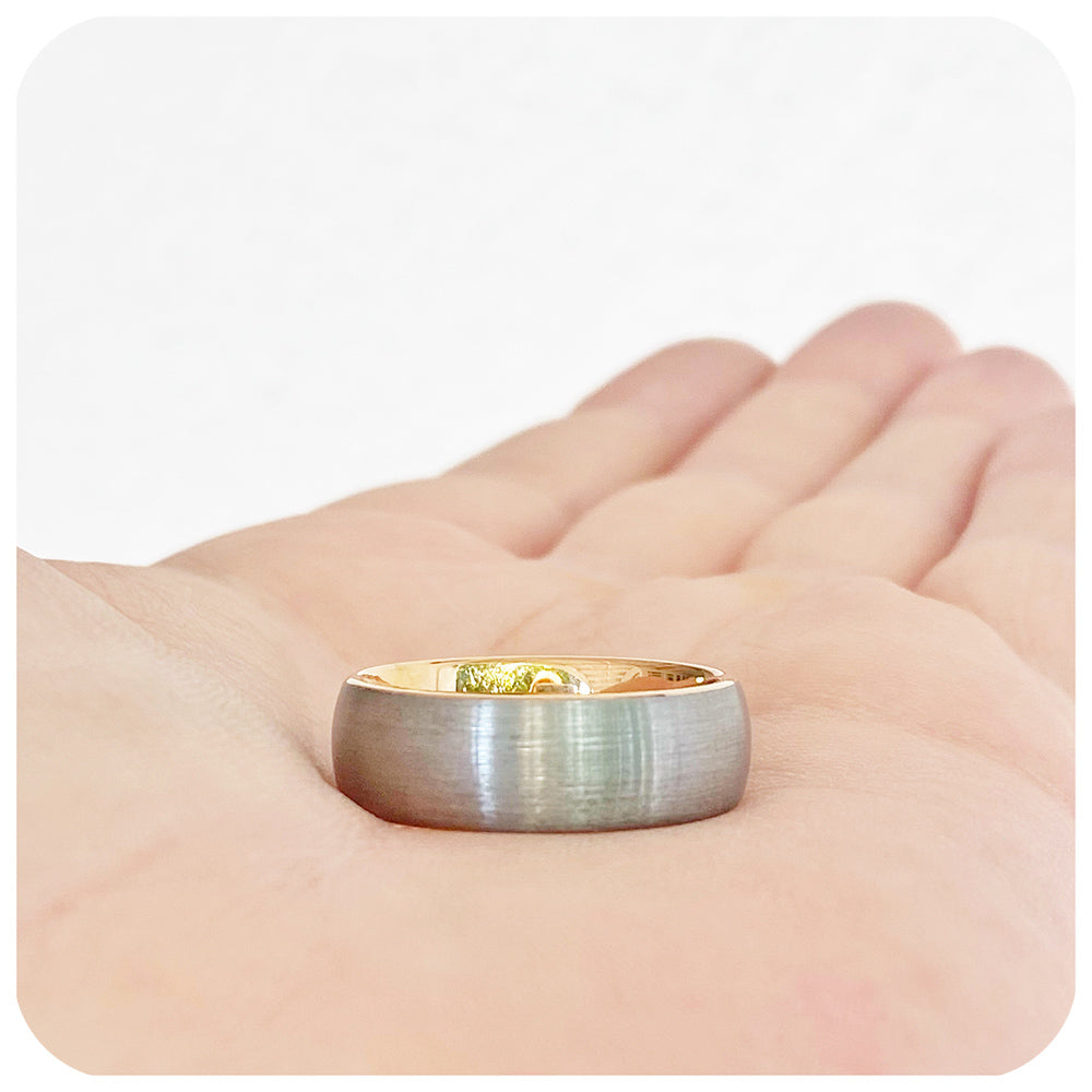 Nolan, a Broad Brushed Metal and Rose Gold Plating Tungsten Ring - 8mm