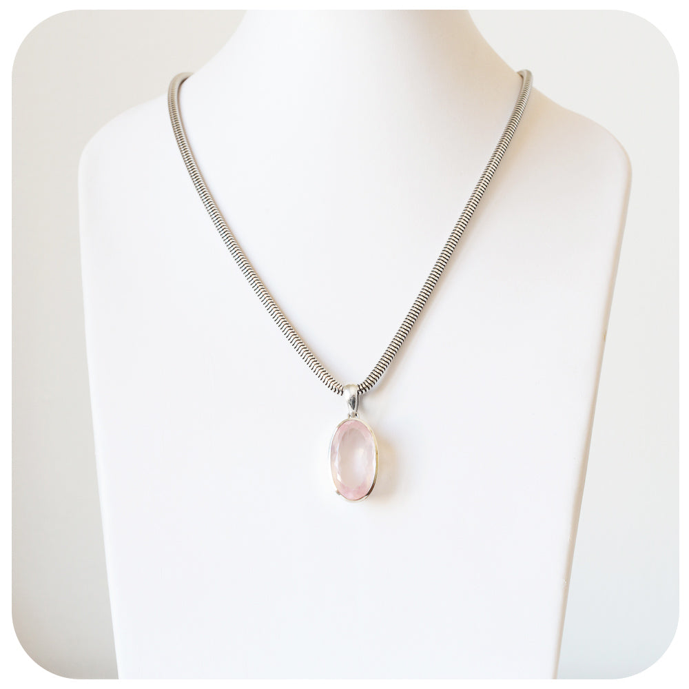 Elongated Oval Cut Rose Quartz Pendant in Sterling Silver - 29x16mm