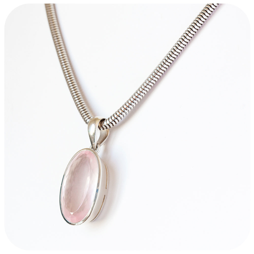 Elongated Oval Cut Rose Quartz Pendant in Sterling Silver - 29x16mm
