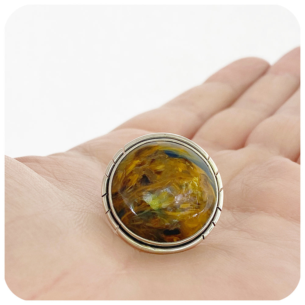 Round Cabochon cut Pietersite Ring in Silver
