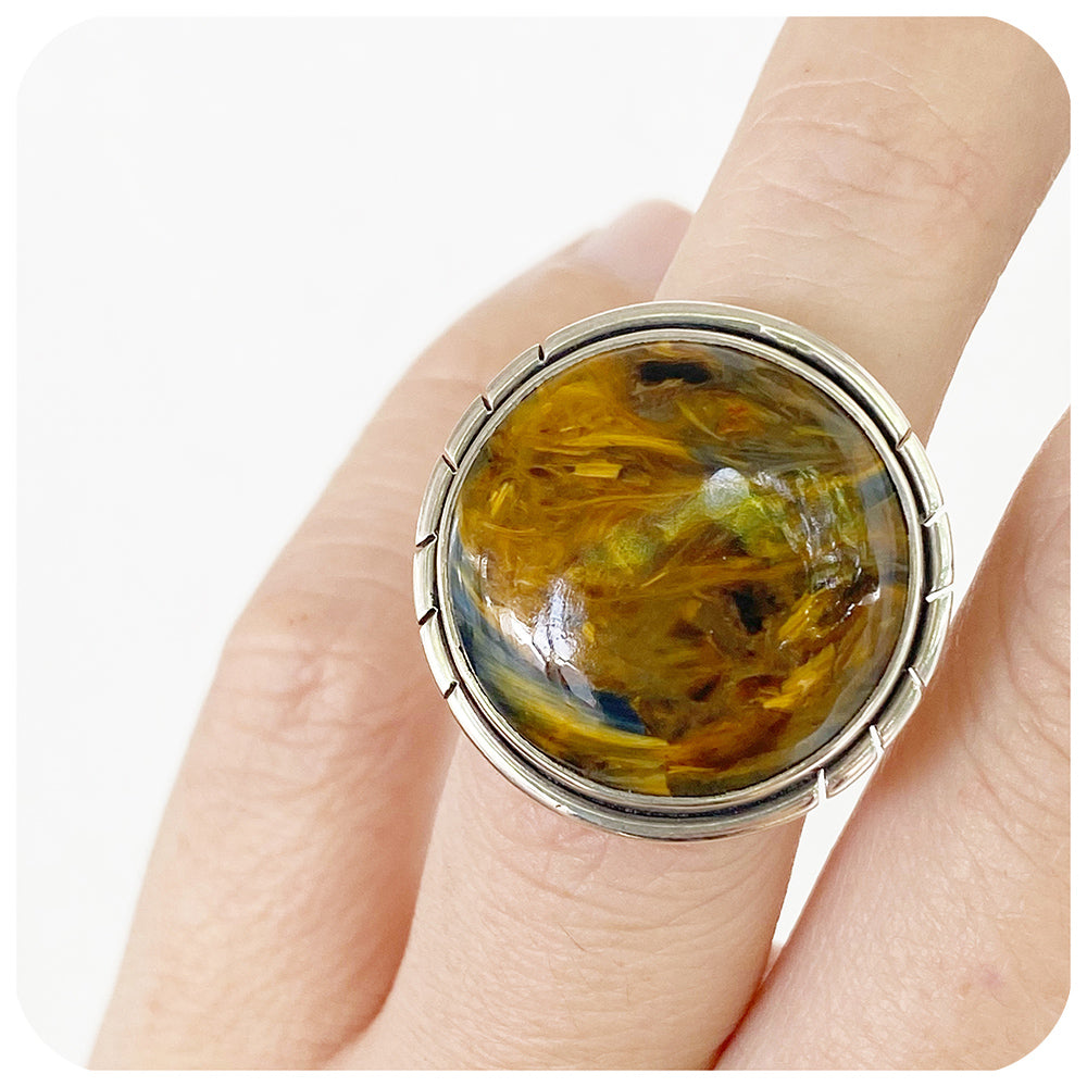 Round Cabochon cut Pietersite Ring in Silver