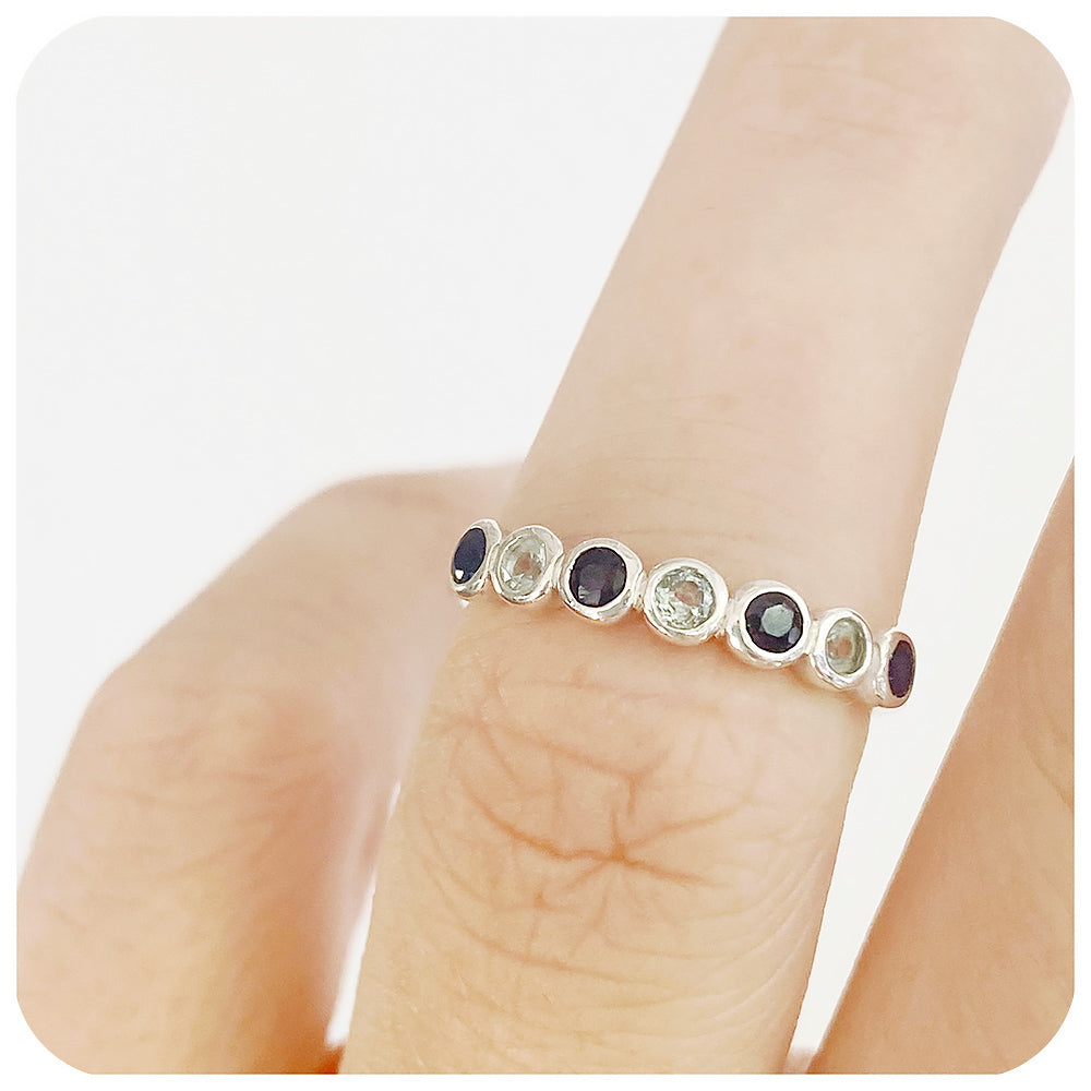 Dark Blue Sapphire and Sky Blue Topaz Half Eternity Stack Ring