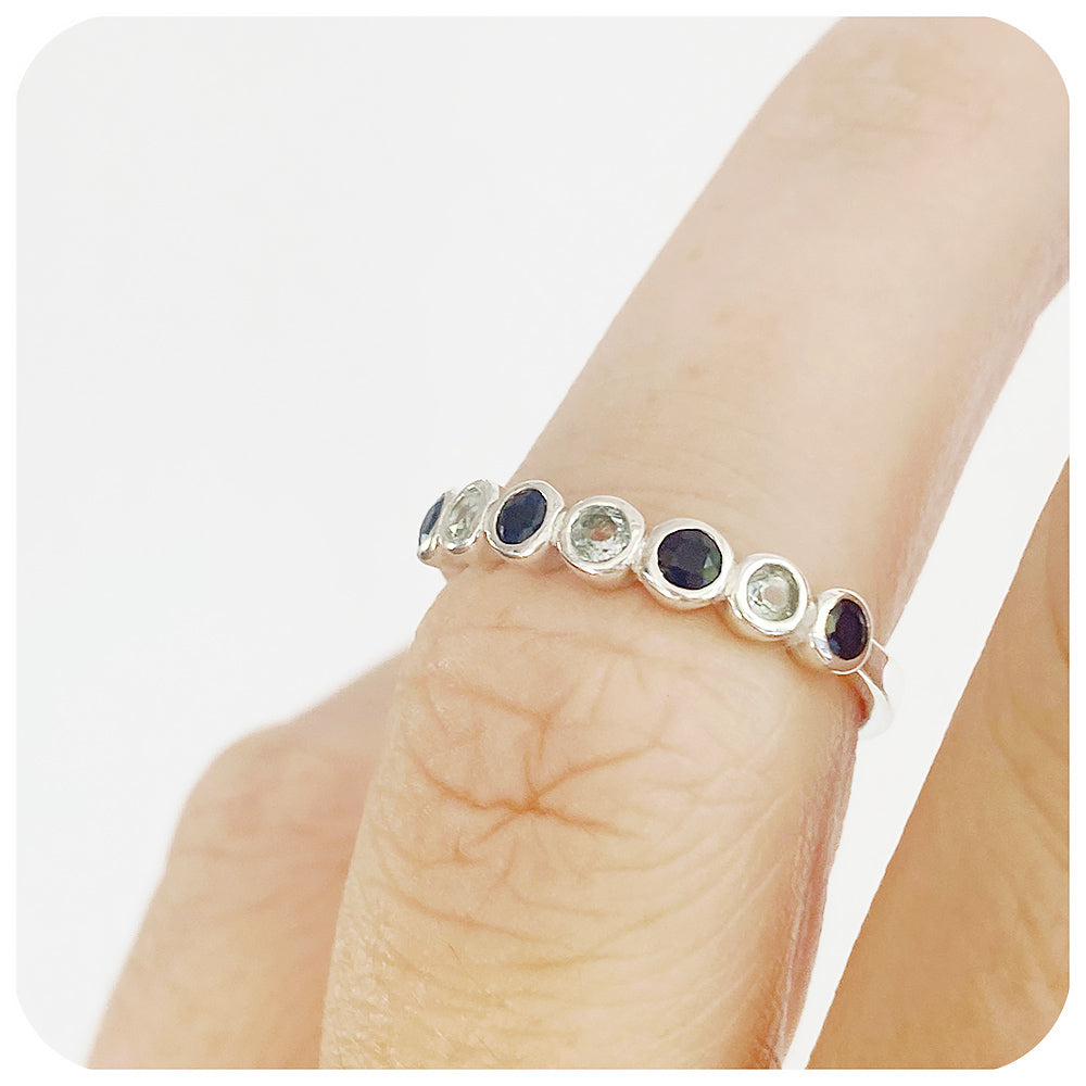 Dark Blue Sapphire and Sky Blue Topaz Half Eternity Stack Ring