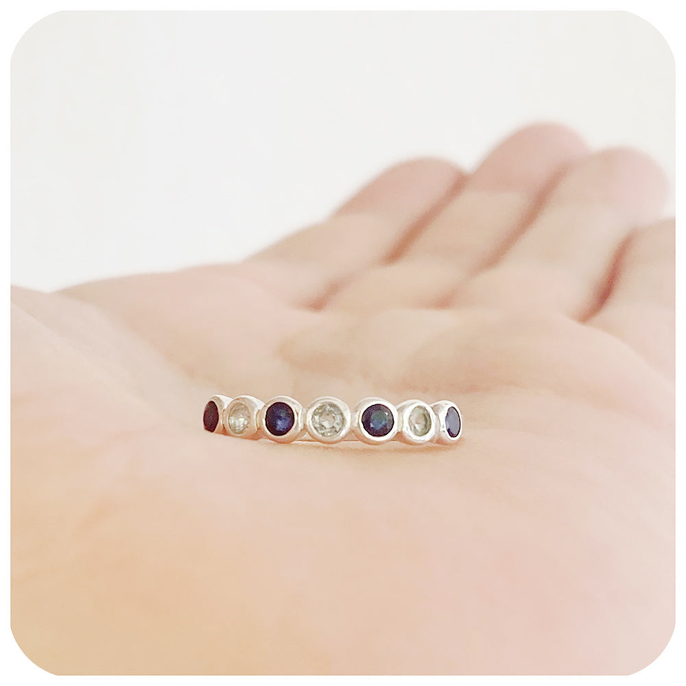 Dark Blue Sapphire and Sky Blue Topaz Half Eternity Stack Ring