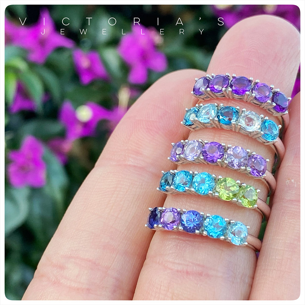 purple and pink amethyst brilliant round cut half eternity anniversary ring