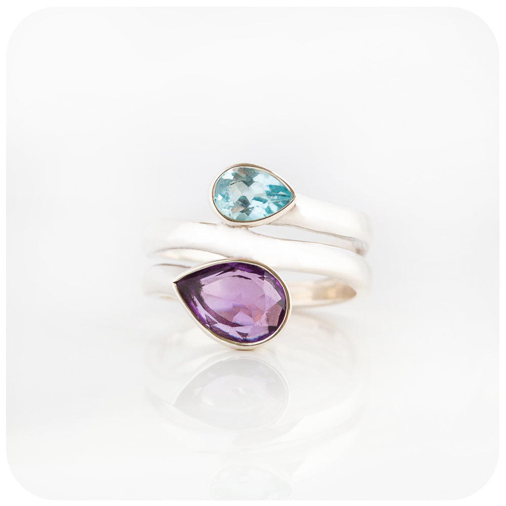 The Twin Pear cut Sky Blue Topaz and Amethyst Ring in Sterling Silver