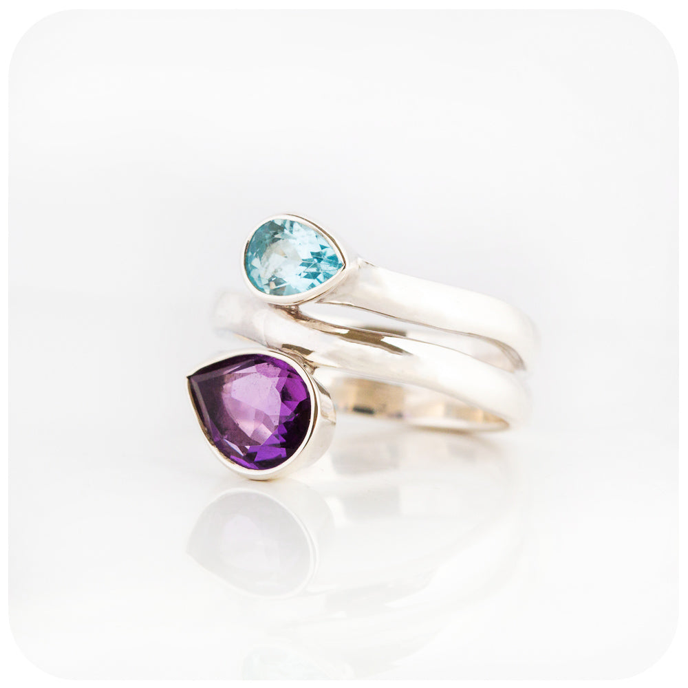The Twin Pear cut Sky Blue Topaz and Amethyst Ring in Sterling Silver